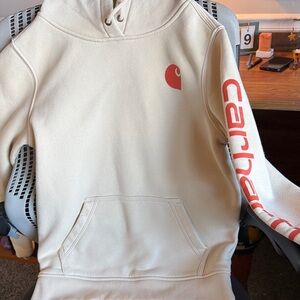 Carhartt Cream Crewneck Sweatshirt with Red Sleeve Logo